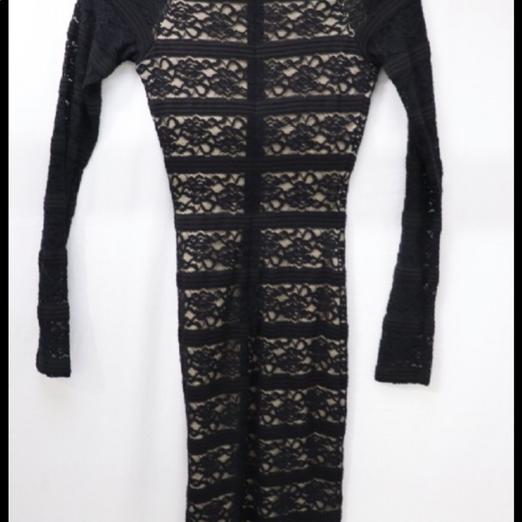 Bebe Pencil Stripe Lace Dress in Black & Nude Lace - Picture 2 of 6